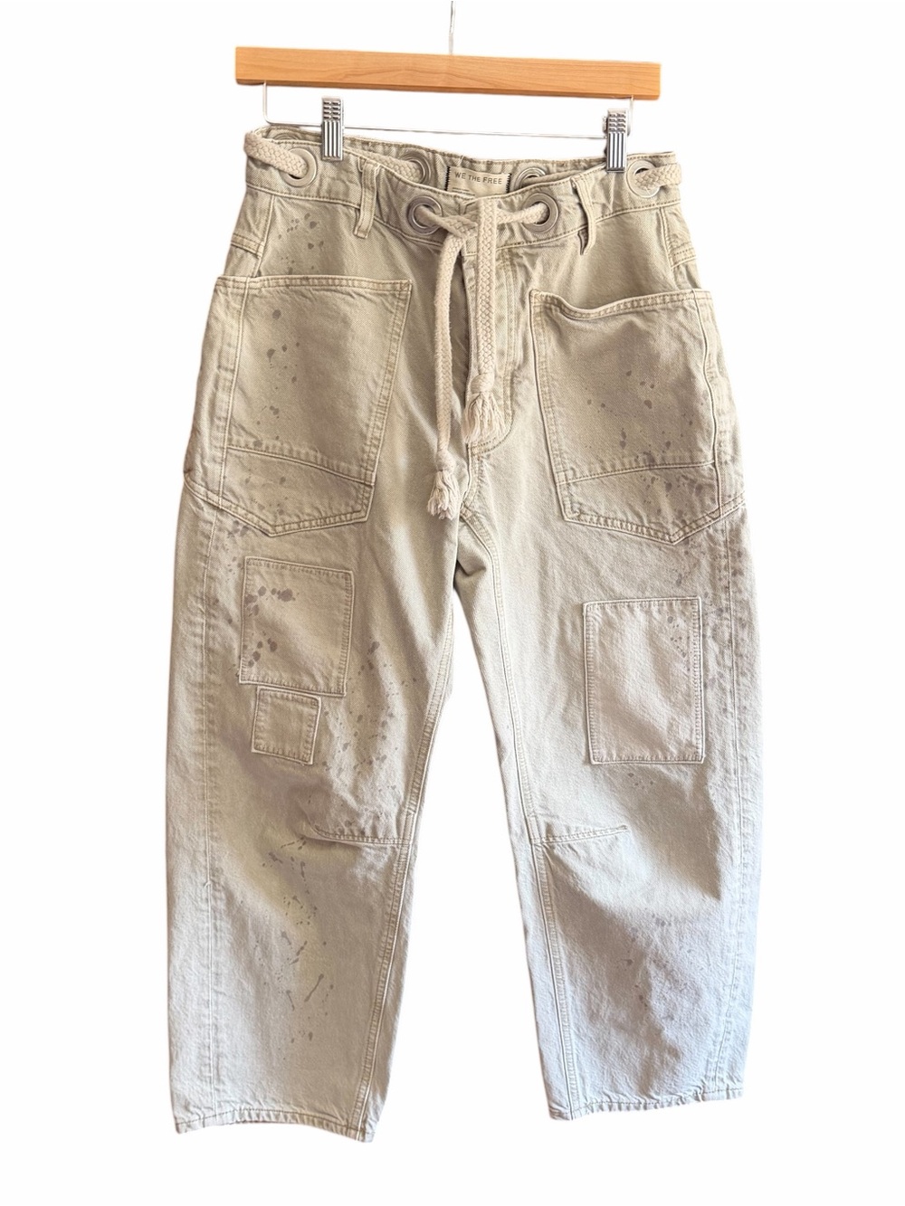 FREE PEOPLE WE THE FREE Moxie Low Slung Pull on Barrel Jeans Jetty Splatter 25 - Picture 4 of 13
